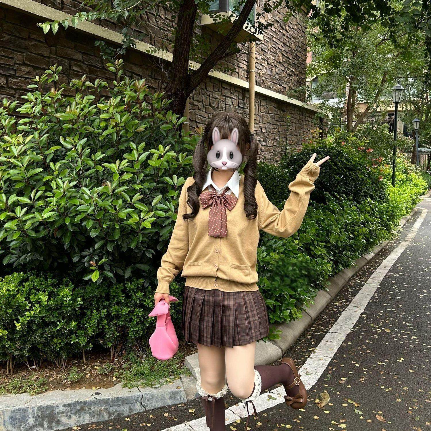 胖MM大码焦糖JK秋冬制服针织衫开衫套装格裙针织学院长袖棕色毛衣