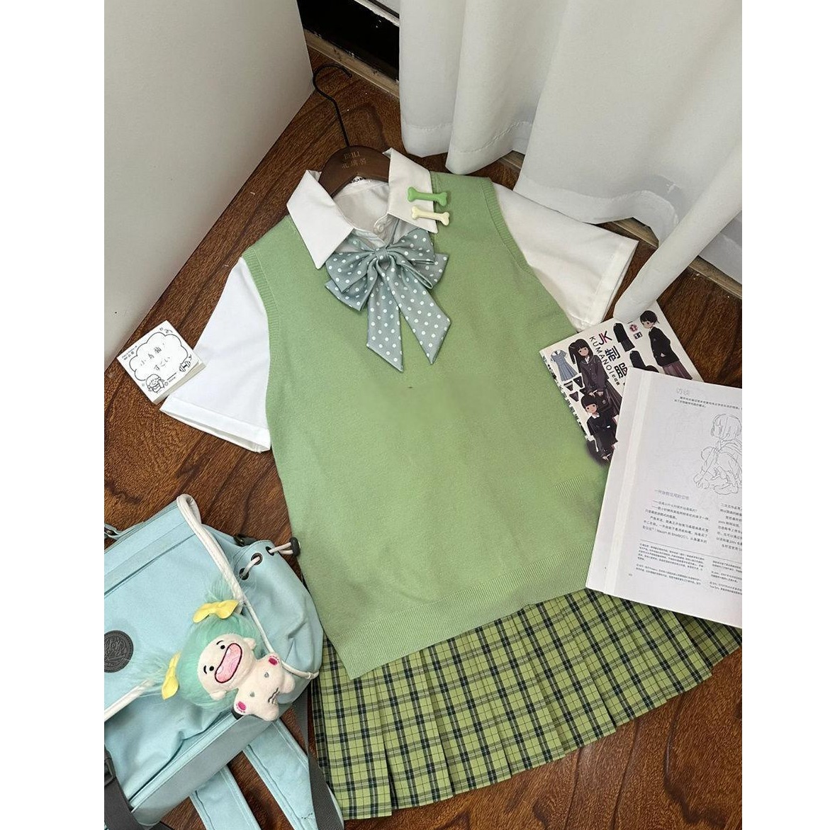 胖MM大码夏季日系学院JK制服青苹果背心无袖马甲小青梅jk格裙套装