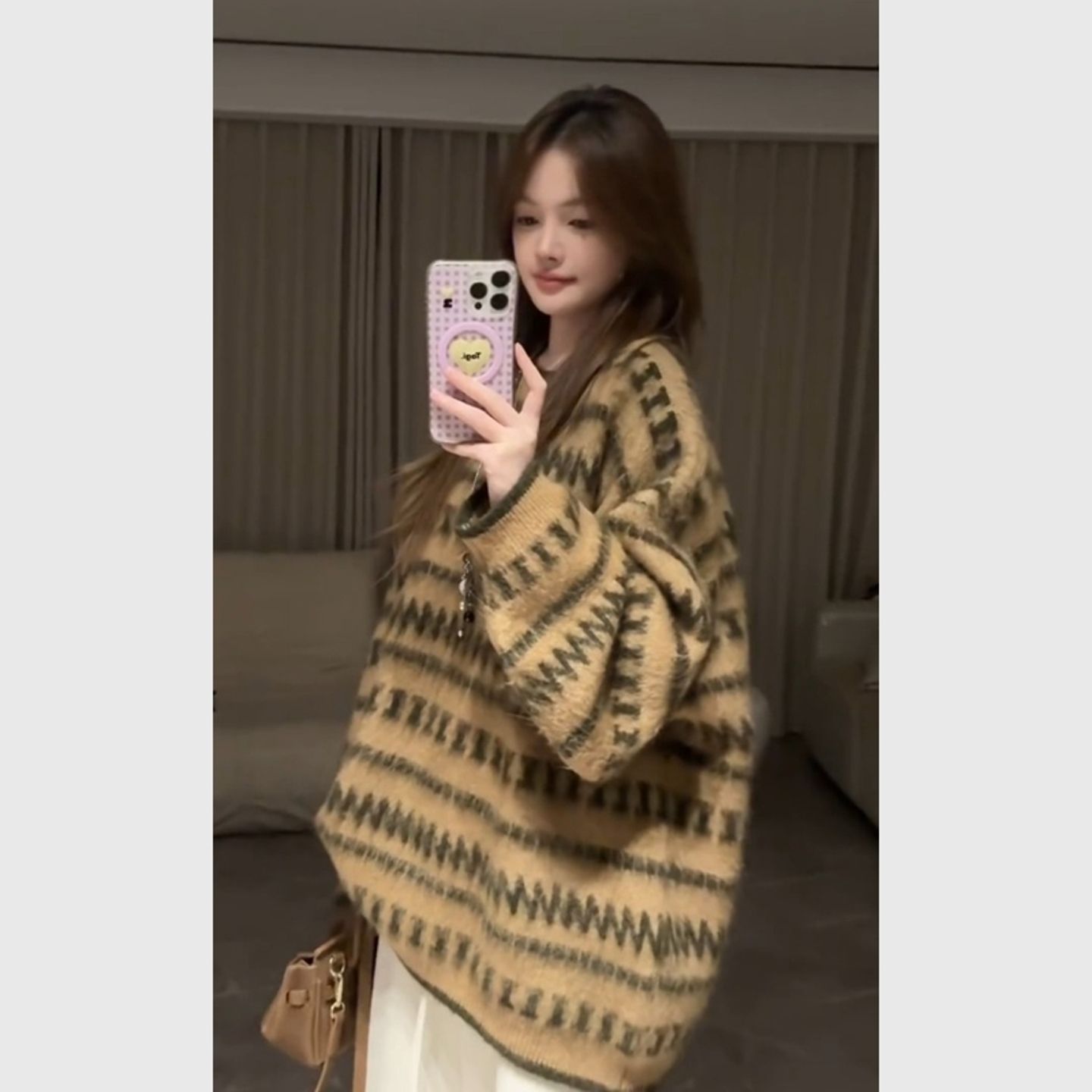 胖MM大码卡其撞色条纹慵懒松弛感毛线衣韩系搭轻熟不撞款针织上衣