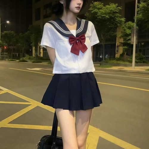 胖MM大码jk制服套装绀三本水手服日系校供感JK短裙学院风短袖套装