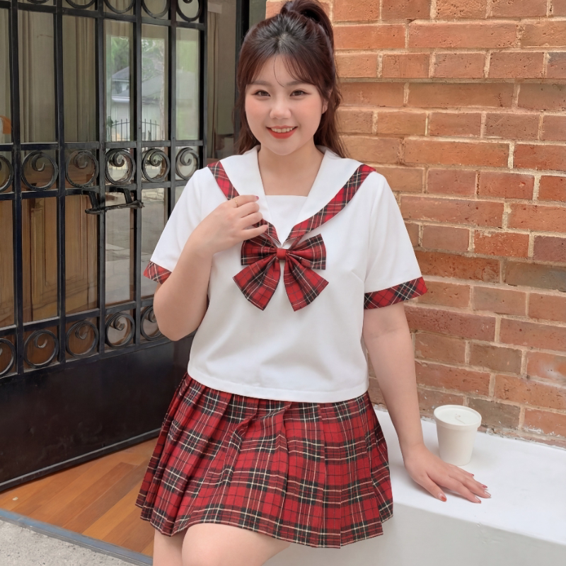 胖MM大码苏格兰JK制服套装学院风短袖衬衫水手服中间服红格短裙女图片