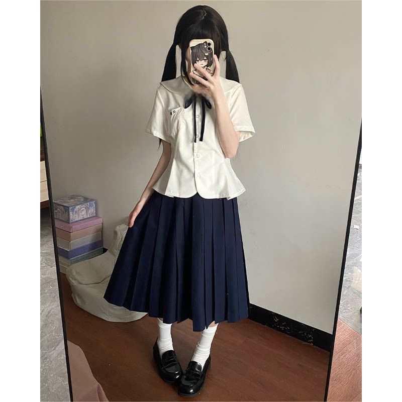 胖MM大码日系jk制服学院风春夏季刺绣收腰修身衬衫长裙校供感套装图片