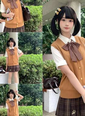 胖MM大码JK制服针织棕色马甲学院风叠穿衬衫jk裙焦糖可颂格裙套装