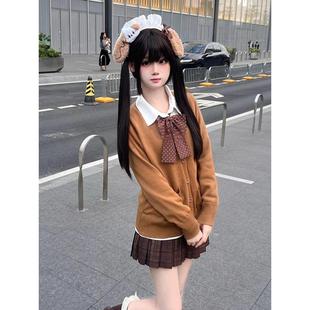 胖MM大码JK制服针织衫棕色开衫毛衣外套焦糖格裙一整套秋冬款套装