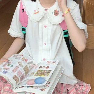 学生学院风 特大码 女装 微胖MM200斤遮肚娃娃领小熊刺绣短袖 衬衫