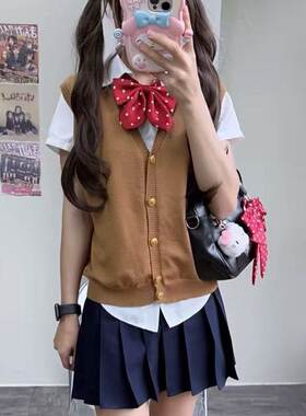 胖MM大码JK制服棕色开衫针织衫马甲背心叠穿内搭白衬衫日系绀短裙