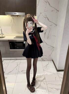 胖MM大码日系学生jk套装百搭绀色水手服上衣显瘦绀色百褶裙三件套