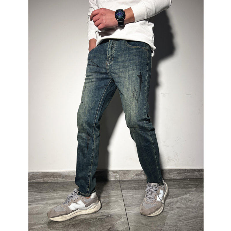 春季新牛仔裤男修身小脚弹力九分裤百搭青年休闲复古怀旧蓝潮印花