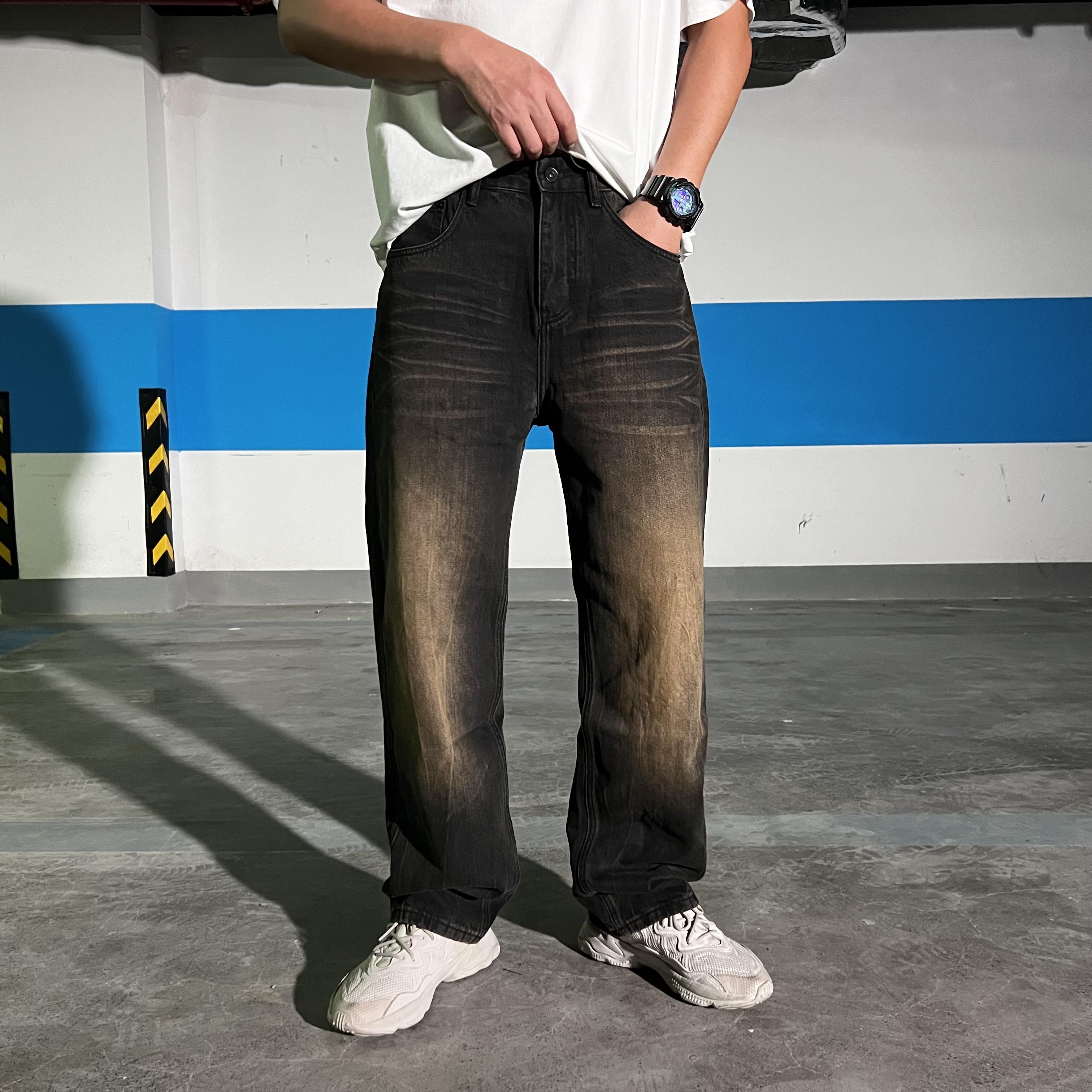 泥黄蓝春秋季水洗UKTK美式高街cleanfit潮牌宽松猫须青年阔腿裤子 - 实物图