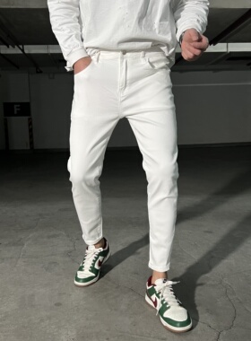 纯白色破洞修身牛仔九分裤男青年百搭弹力休闲小脚裤简约水洗裤子