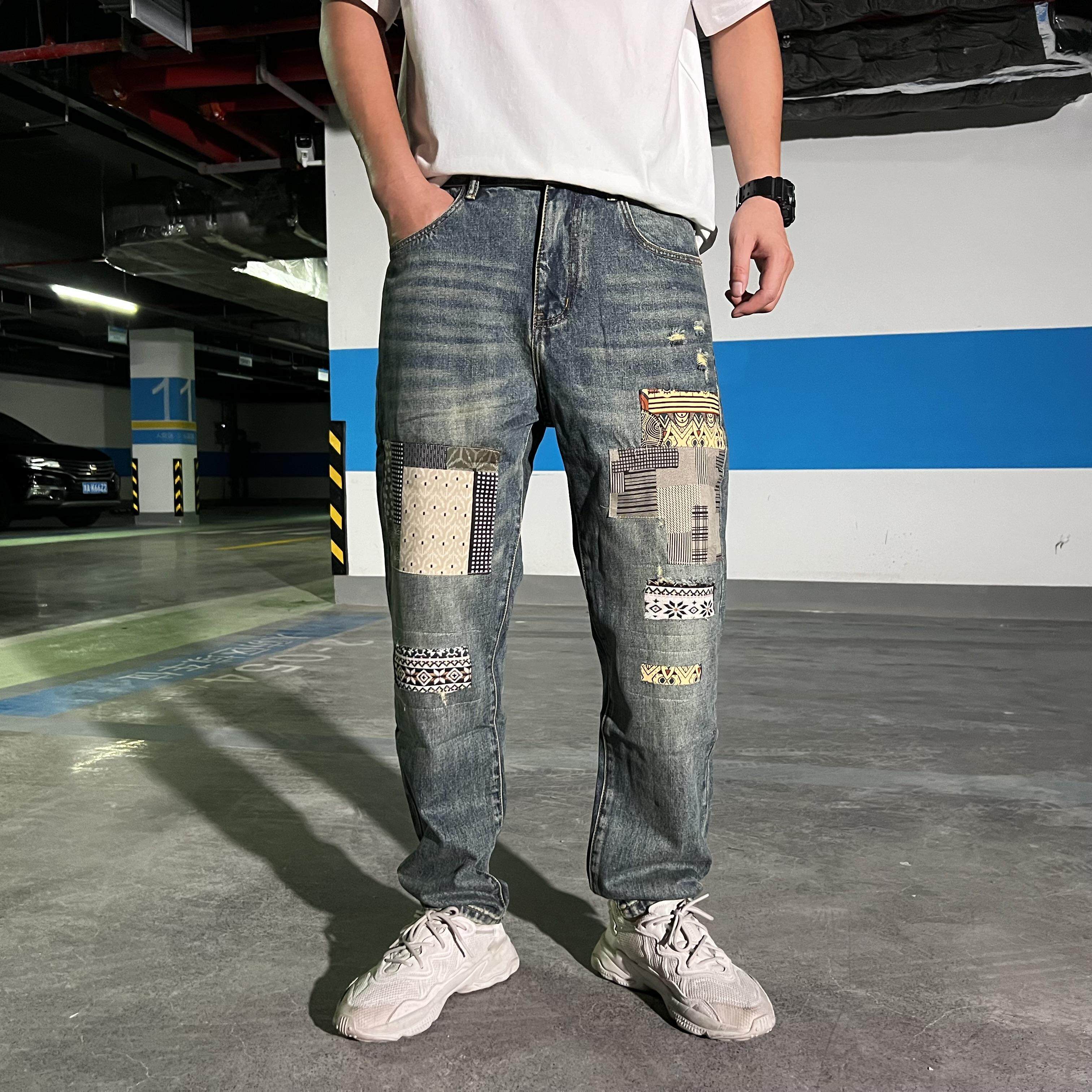 美式休闲痞帅重磅刮烂补丁专柜定制破洞复古潮牌高街个性锥形裤子