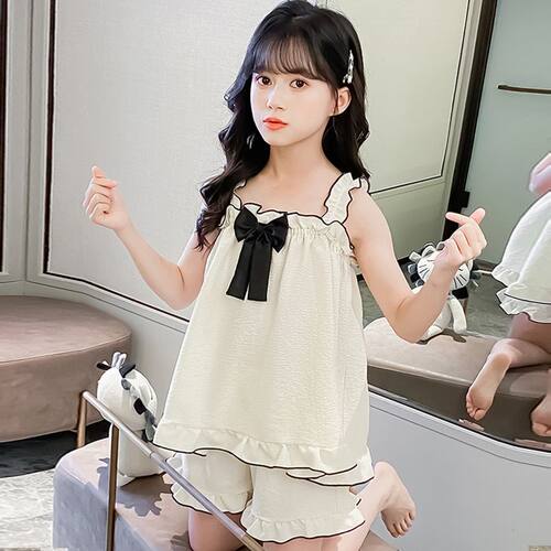 吊带睡衣套装两件套夏季新款吊带女童睡衣套装宽松冰丝大童空调服