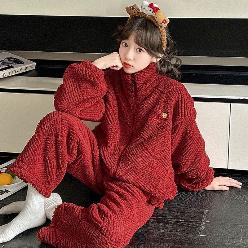 儿童大红色双面绒女童珊瑚睡衣套装过年红冬季新款保暖加厚家居服