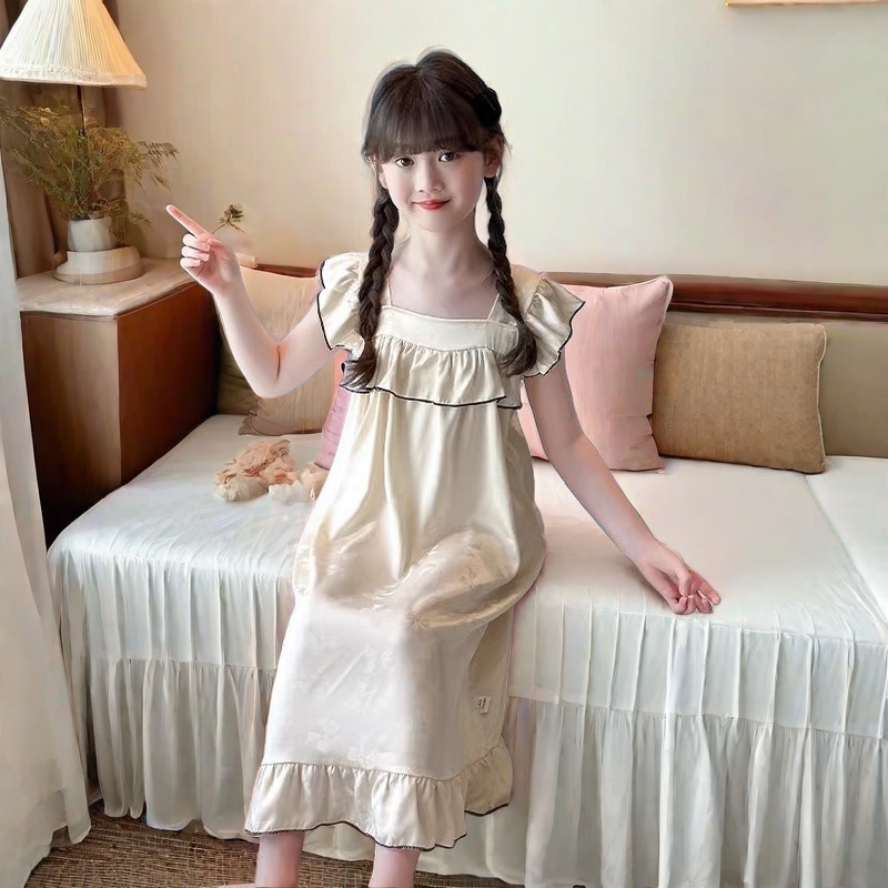 女童睡衣夏季新款吊带冰丝女童睡裙洋气外穿中大童空调服女孩睡裙