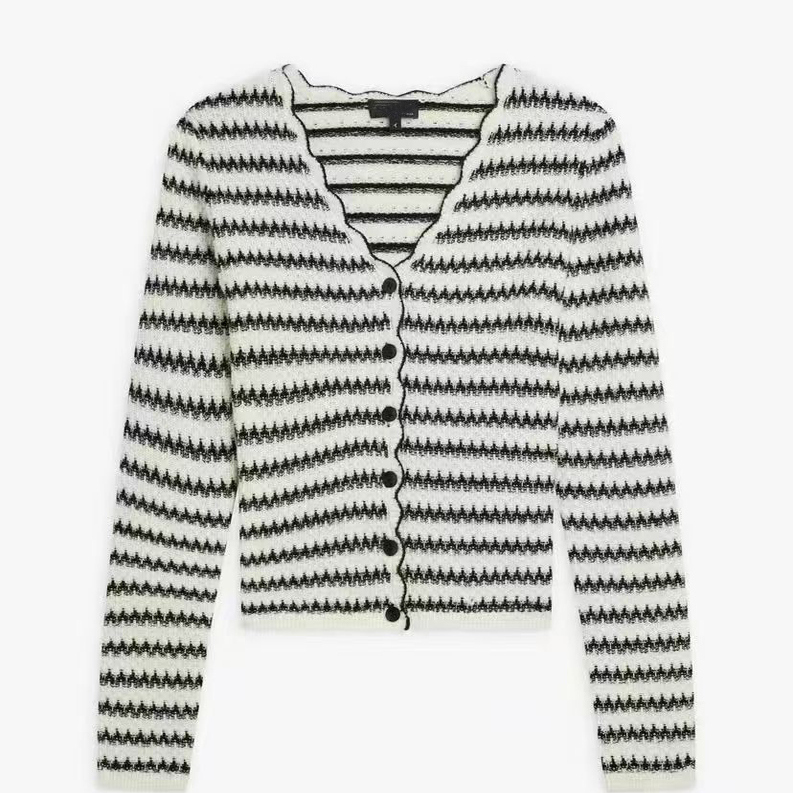 Agb元单木耳边条纹羊毛山羊绒衫