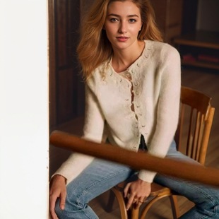 法单尾货醇元马海毛混纺刺绣藤图花纹镂空开衫仙气圆领针织衫毛衣