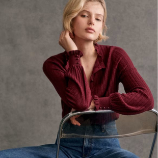 sez纯原 纯羊毛merino开衫木耳边复古法式灯笼袖镂空针织衫上衣