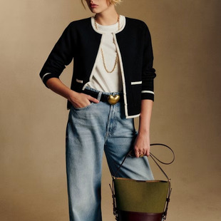 醇元单 法式复古圆领撞色小香风merino羊毛针织开衫外套短款上衣