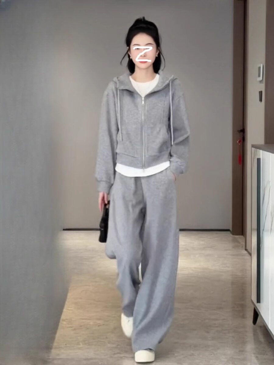 게으른 스타일 2024 여성을위한 캐주얼 스포츠 정장 가을 겨울 새로운 패션 후드 플러스 벨벳 운동복 넓은 다리 바지 투피스 세트