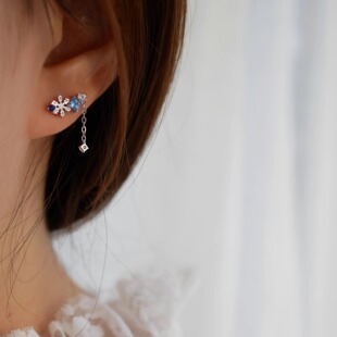 HONEY.冰雪仙女 通体S925银精致日系轻奢蓝色雪花流苏不对称耳钉