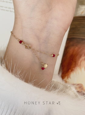 HONEY.樱桃点点 美国14k包金原创红刚玉天然红宝石精致迷你细手链