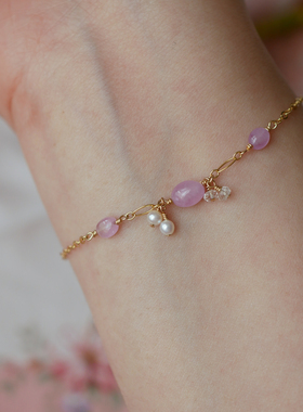HONEY.仙粉色蓝宝石手链 美国14k包金手作少女天然珍珠月光石耳环