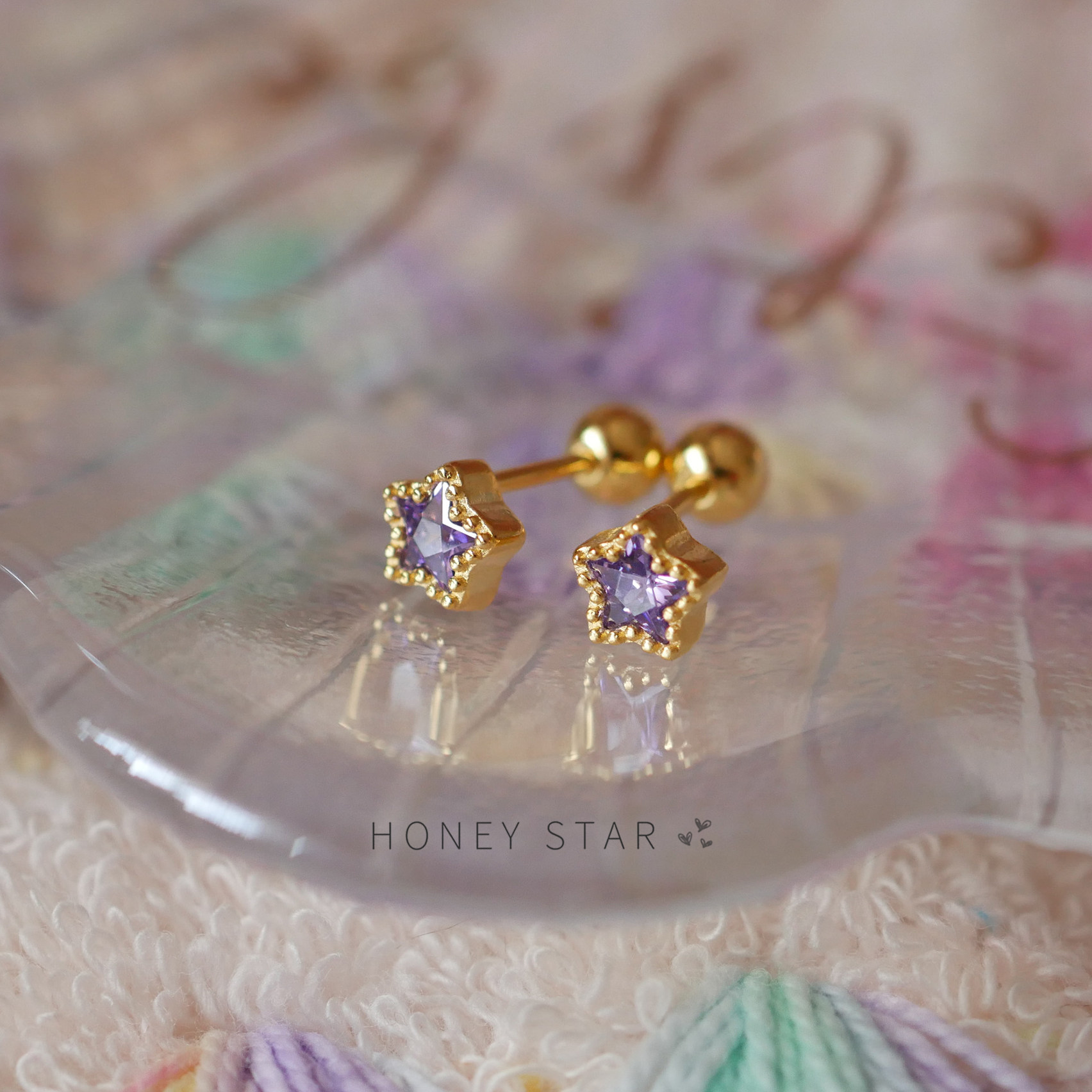 925纯银拧螺丝紫色星星耳钉