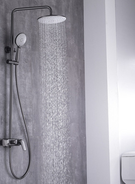 YJB枪灰色方形冷热水明装淋浴花洒套装家用全铜浴室淋雨洗澡喷头