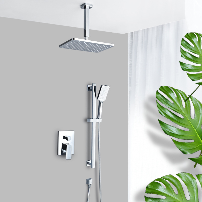 暗装空气注入式洗浴喷头套装黑色冷热全铜升降杆手持花洒淋浴套装