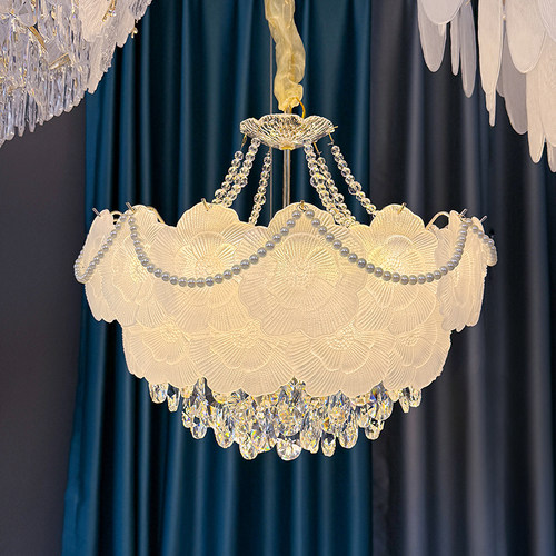 法式奶油风水晶吊灯高级主卧室花朵女孩房灯餐厅吊灯具