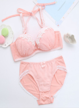 可爱胖MM记忆软钢圈挂脖子内衣蕾丝超大码文胸罩套装9095100DEFGH