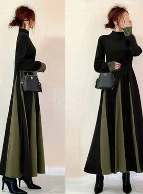 跨境女装春秋装韩系日系高领针织拼接冰丝竖条纹连衣裙