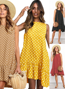 速卖通2020亚马逊爆款圆领无袖波点宽松大摆荷叶边连衣裙