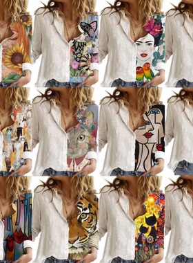 欧洲站2021外贸速卖通wish上衣白色衬衫新款印花长袖衬衣