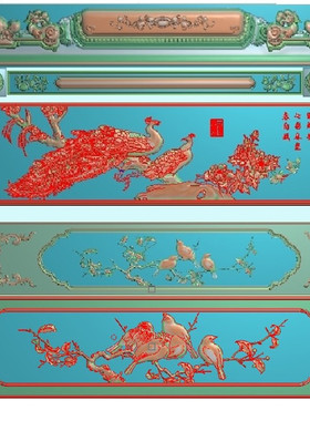 81006孔雀檀雕床兰亭序花鸟床新大床精雕图 孔雀大床浮雕图灰度图