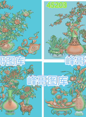 45203博古春夏秋冬好博古花瓶如意四季花鸟门板精雕图 花盆花瓶