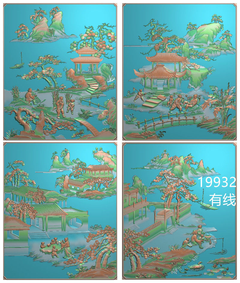 渔樵耕读书柜顶箱柜门木雕浮雕图山水房子童子精雕图灰度图 有线