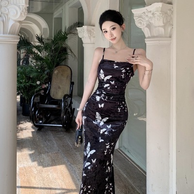 复古蝴蝶印花修身气质吊带长裙子