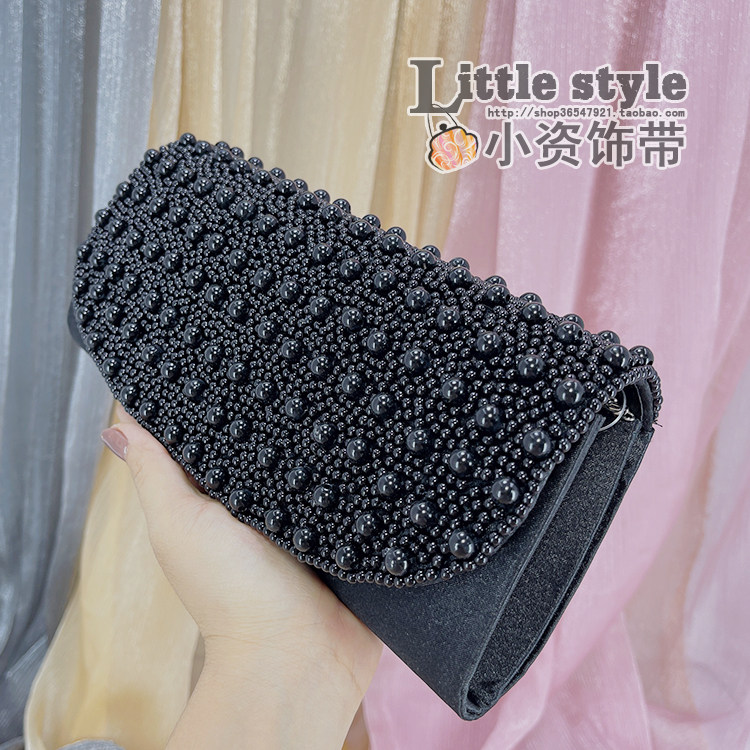 精致手工串珠编织小众包珍珠圆珠泡珠珠绣 手拿包方形长款腋下包