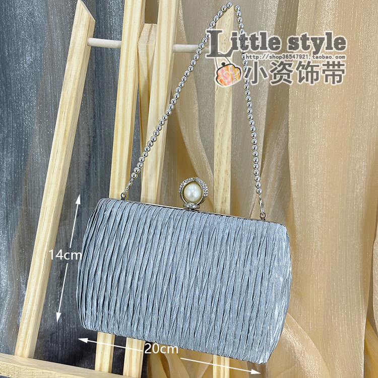 珍珠钻头褶皱手拿包 夏季方型赫本手拿链条包 迷你小拎包