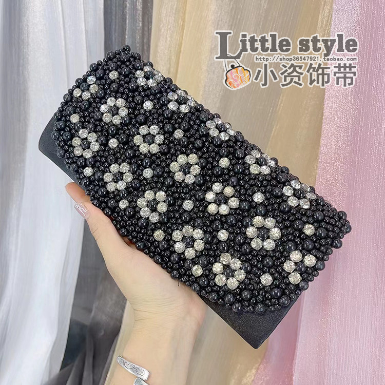 新款 简约长款手工串珍珠绣泡泡珠配钻饰手拿包 单肩斜挎腋下包