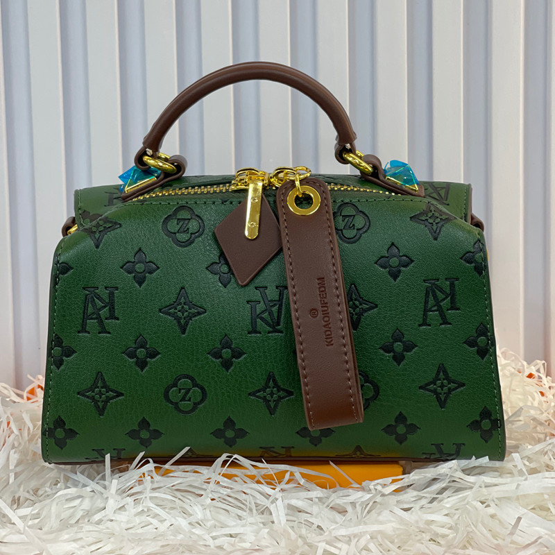 品牌今年流行包包女绿色真皮老花波士顿枕头包小众手提单肩斜挎包