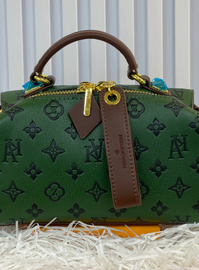 品牌今年流行包包女绿色真皮老花波士顿枕头包小众手提单肩斜挎包