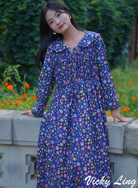 LIBERTY复古九分袖蓝色手工捏花连衣裙