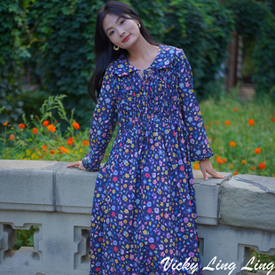 LIBERTY复古九分袖 蓝色手工捏花连衣裙