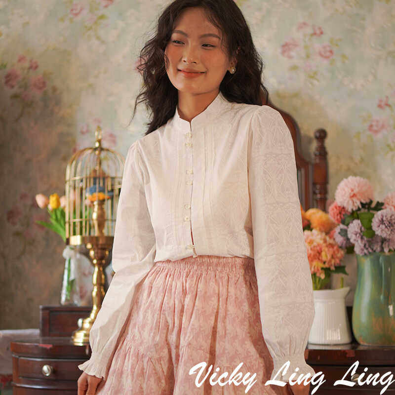 LIBERTY中式衬衫立领设计感白色上衣泡泡袖小众宽松衬衣