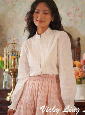 LIBERTY中式衬衫立领设计感白色上衣泡泡袖小众宽松衬衣