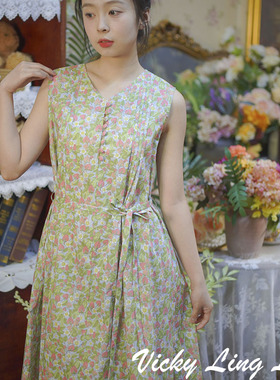 特惠LIBERTY蓝色草莓双面两穿无袖连衣裙