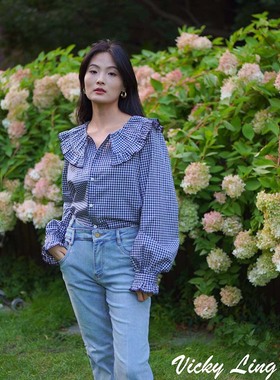 liberty蓝色格子长袖衬衣秋新款