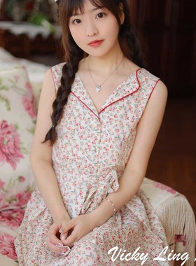 LIBERTY浪漫玫瑰/蓝色书香门复古V领连衣裙设计感小众夏